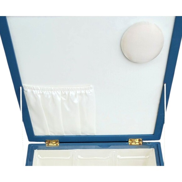 VTG Blue Wicker Sewing Basket Box Wood Frame & Handles Fabric Top Removable Tray - Picture 6 of 8